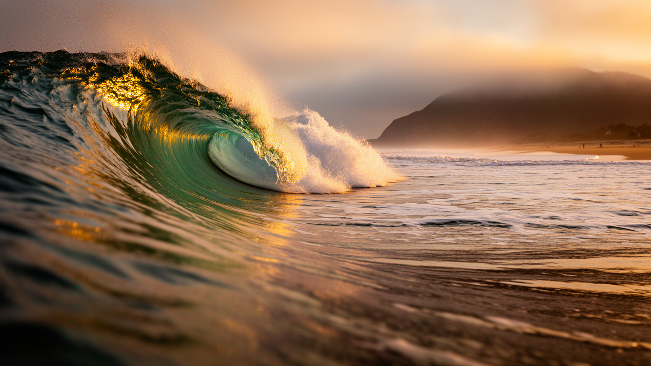 A clean wave breaking at Linda Mar beach in Pacifica at golden hour